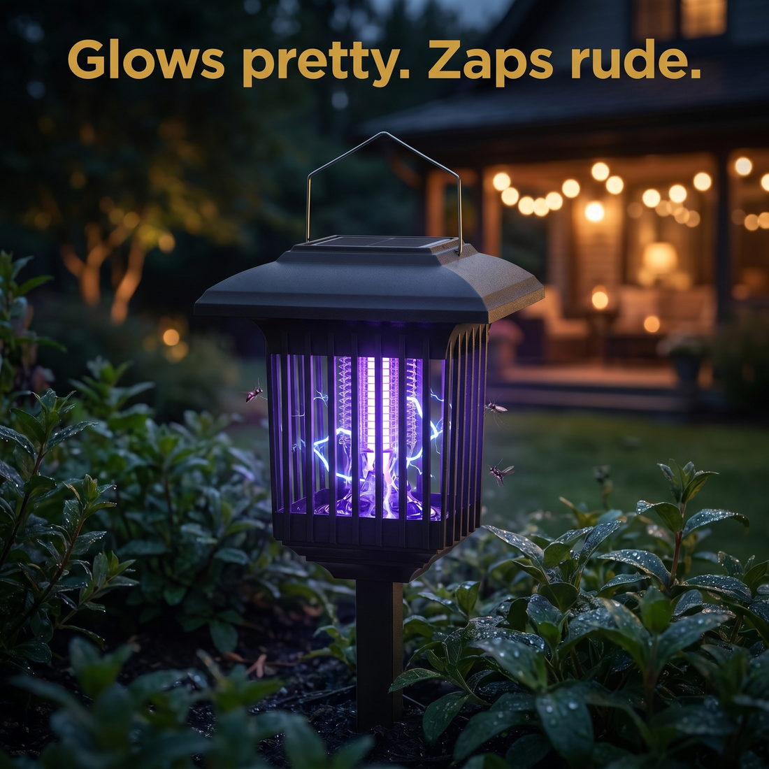 Rascal Solar Bug Lantern glowing purple in a garden at dusk
